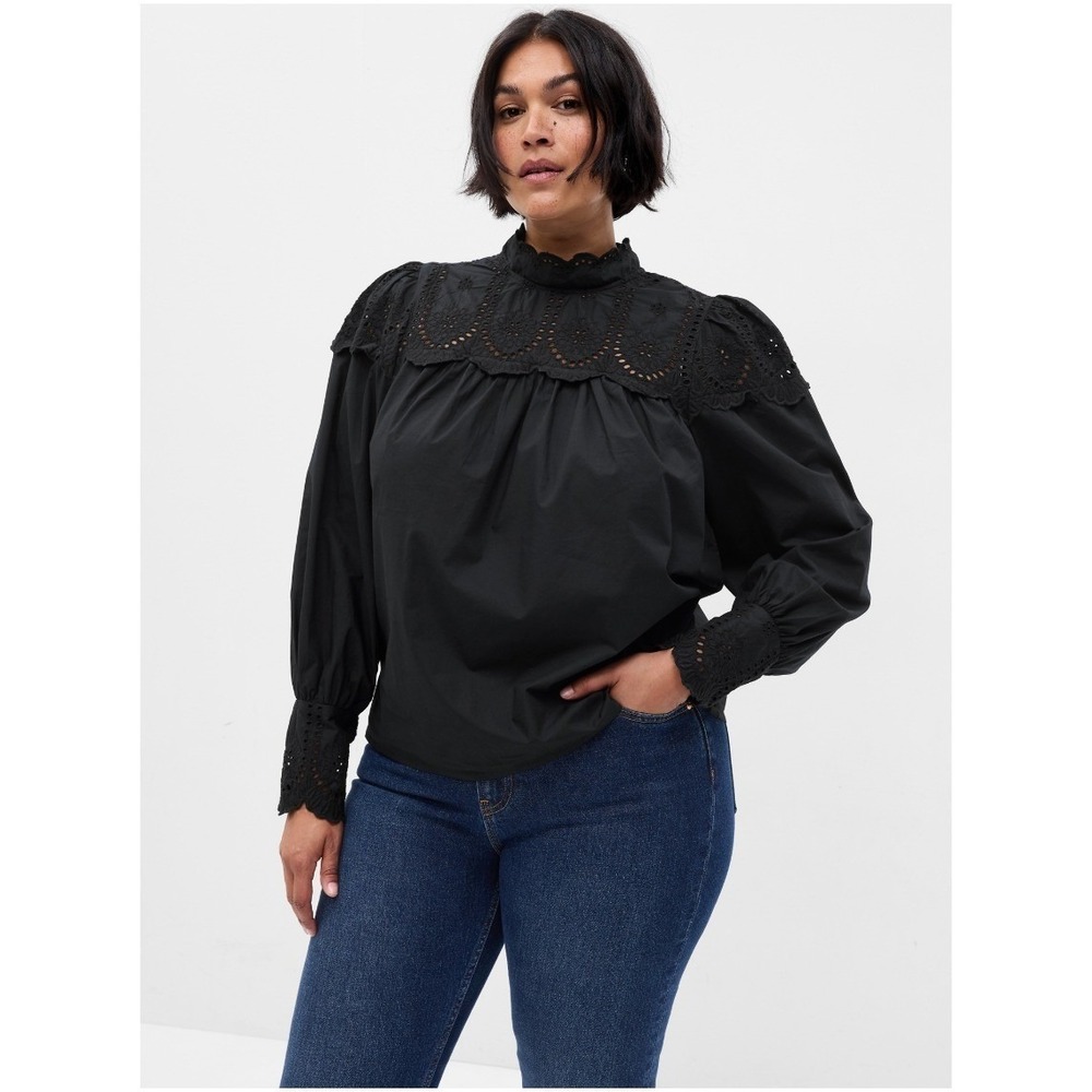 GAP / Black Cotton Eyelet Romantic Boho Puff Sleeve Top / Size Large - Picture 7 of 7